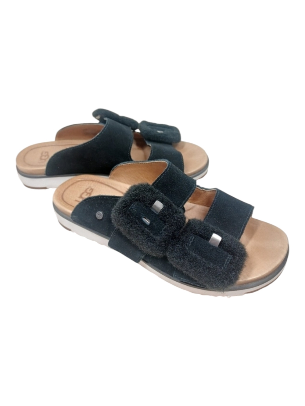UGG Suede 2 Strap Slide On Sandals Fuzzy Buckle Women's Size 7 Black - Picture 3 of 14
